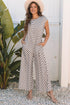Checkered Print Buttoned Crew Neck Wide Leg Jumpsuit